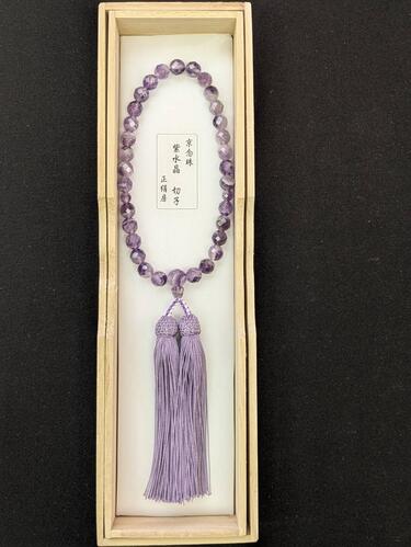 紫水晶（ｱﾒｼﾞｽﾄ) 切子  8mm 共仕立　正絹頭房藤色